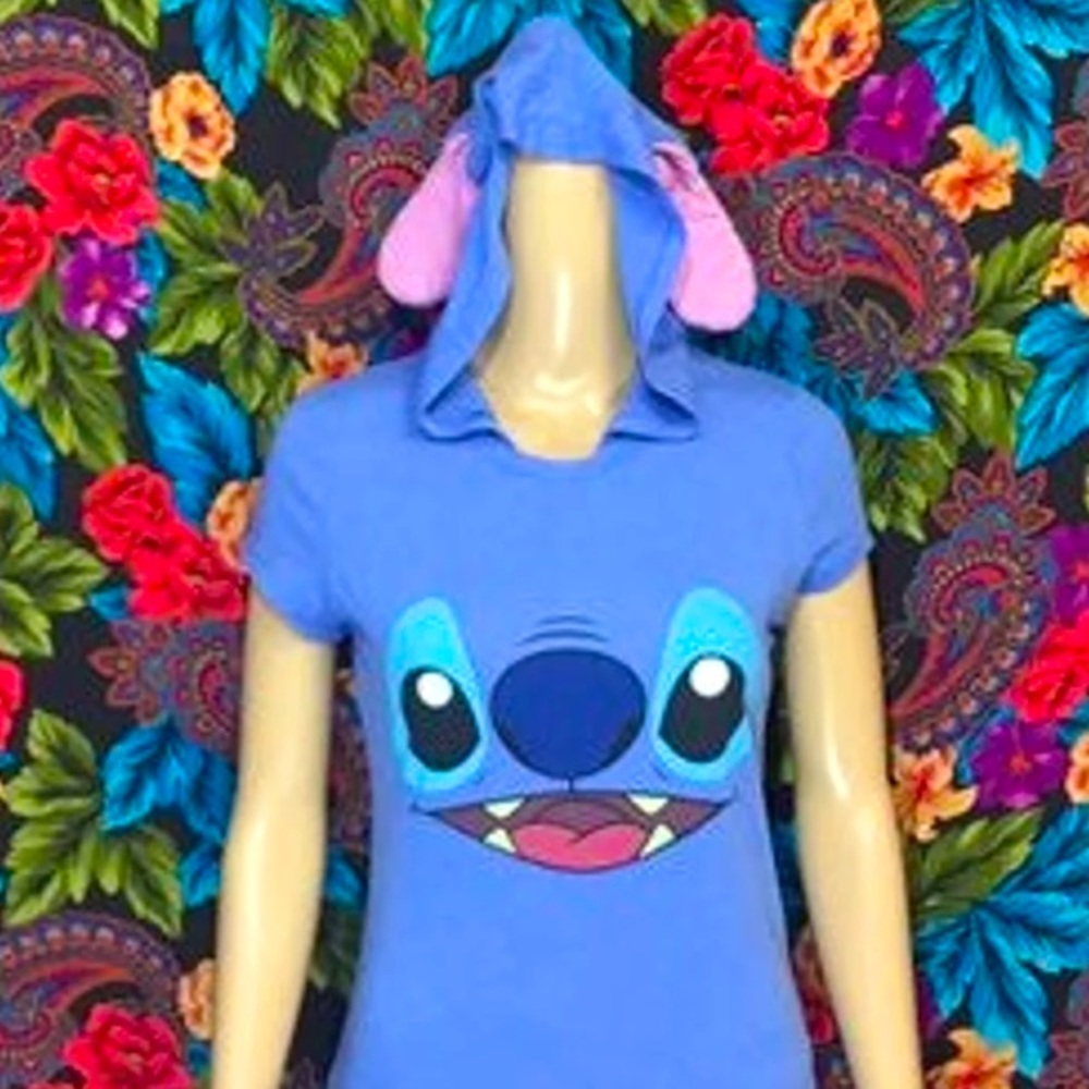 WOMEN'S JUNIOR'S LILO AND STITCH HOODIE SHIRT SMALL (3-5) EARS HOODED TSHIRT